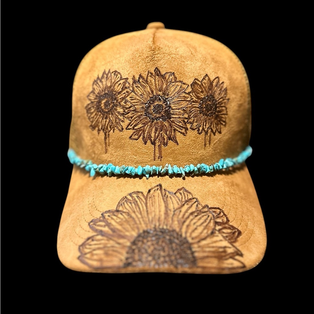 Sunflower Hand Burned Tan Vegan Suede Trucker Cap with Turquoise Accents (New)